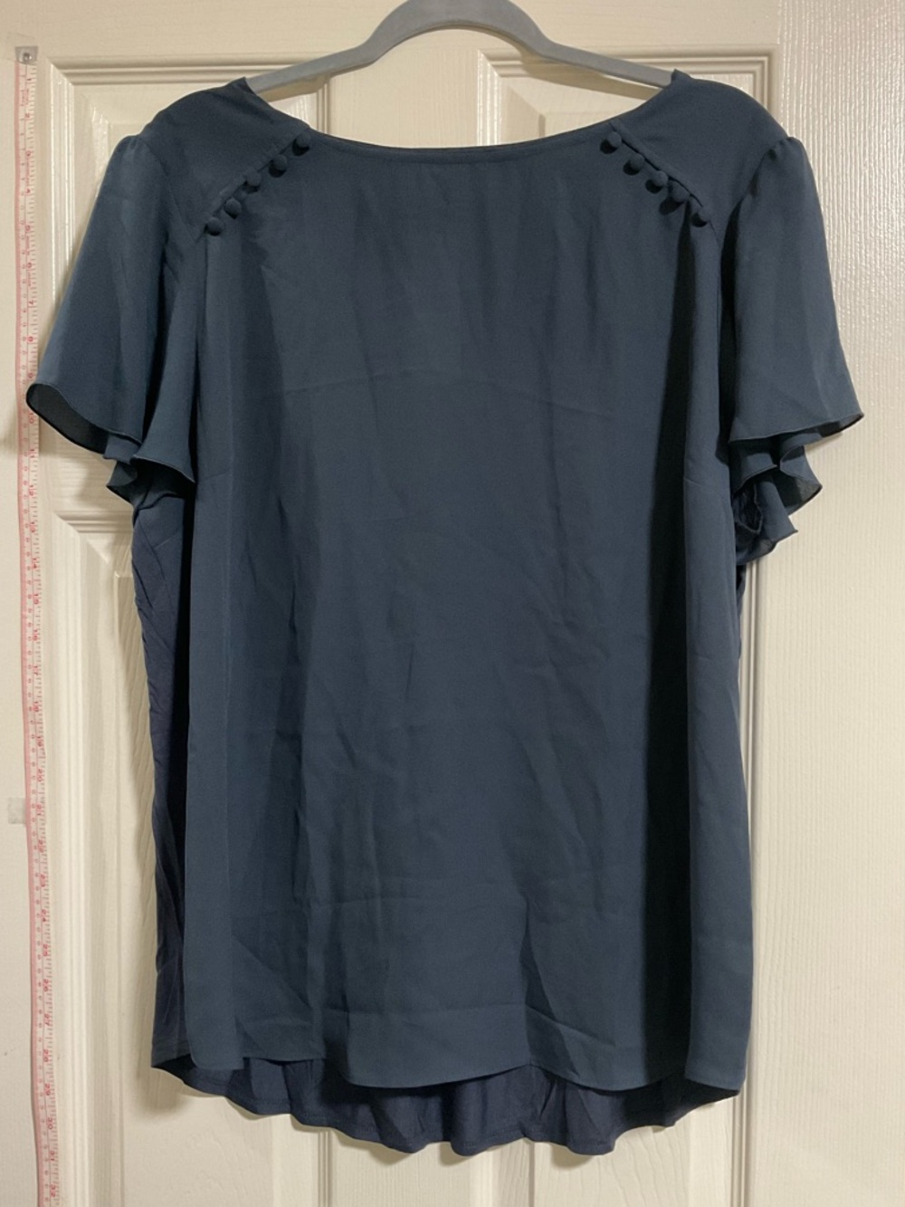 Women's Navy Flutter Sleeve Blouse with Button Trim